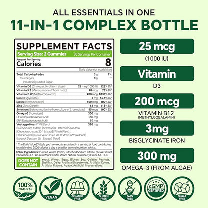 Vitamin D3 + K2-1000IU D3 90mcg K2 - Multivitamin for Vegetarian & Adults w/Algae Omega-3,Iron,Methyl B12,Seamoss,Iodine for for Bone,Muscle,Energy,Immunity Support- Sugar Free,Gluten-Free,120 Count