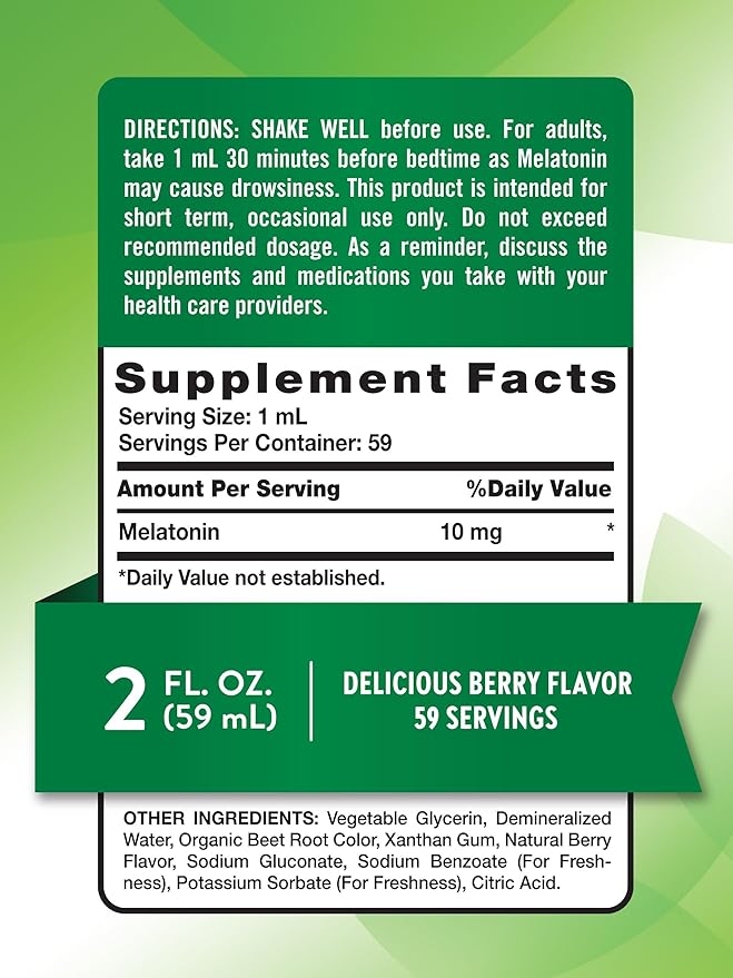 Nature's Truth Melatonin Liquid | 10 mg | 2 Fl oz Maximum Strength for Adults | Berry Flavor | Vegetarian, Non-GMO, & Gluten Free Supplement