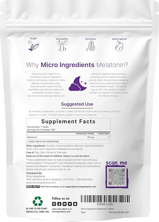 Micro Ingredients Melatonin 20mg Tablets, 400 Counts, Natural Strawberry Flavor, Fast Dissolve | No Drug, Vegetarian Friendly, Non-GMO & No Gluten