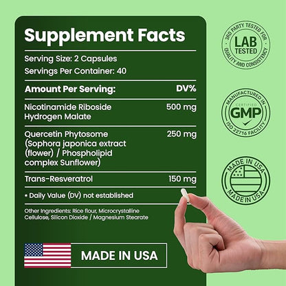 Nutrendia NAD Supplement – Liposomal Nicotinamide Riboside 900mg, Quercetin, Resveratrol, High Purity NMN, NAD+ Support for Energy, Focus & Wellness – 80 Capsules for Men & Women