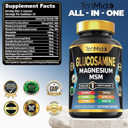 Glucosamine MSM Supplement for Men and Women - 11in1 Formula - Combine with Magnesium, Turmeric, Boswellia, Quercetin, Burdock Root, and More | Joint & Mobility Support - 150 Capsules