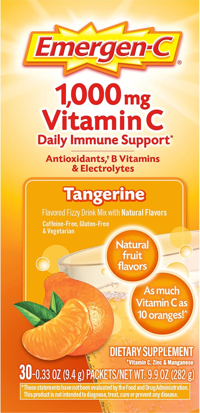 Emergen-C 1000mg Vitamin C Powder, with Antioxidants, B Vitamins and Electrolytes, Vitamin C Supplements for Immune Support, Caffeine Free Drink Mix, Tangerine Flavor - 60 Count/2 Month Supply