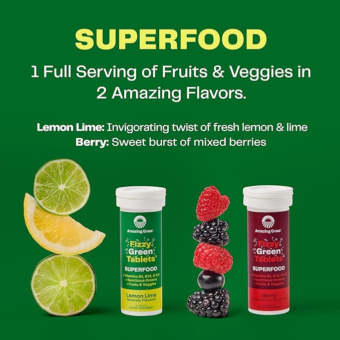 Amazing Grass Fizzy Green Tablets Superfood Lemon Lime: Green Superfood Water Flavoring Tablet with Antioxidants & Alkalizing Greens, 60 Count (Packaging May Vary) (Pack of 4)