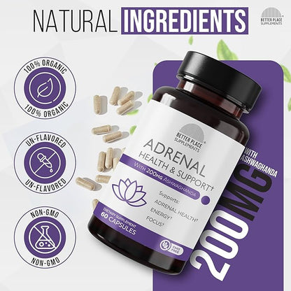 Better Place Supplements Adrenal Health & Support - 60 Capsules | Non-GMO Formula with L-Tyrosine & 200mg Ashwagandha | Supports Energy, Focus, Fatigue Relief (1)
