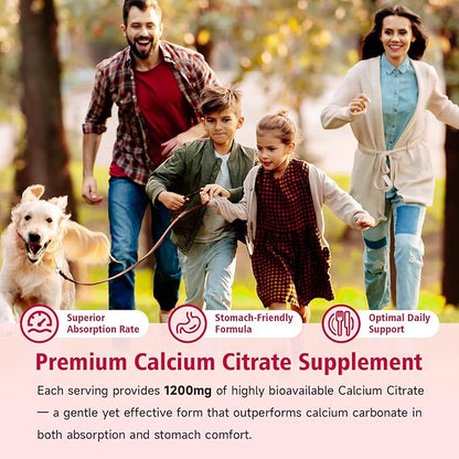 2 Packs High Absorption Calcium Citrate Gummies 1200mg - Bone & Teeth Support for Adults & Kids, Vegan Sugar-Free Gummies, Raspberry Flavor, 120 Count