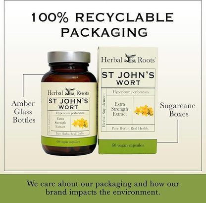 Herbal Roots St Johns Wort Capsules | 450 mg per Serving | Pure St. John’s Wort with No Binders or Fillers Non GMO | 60 Vegan Capsules