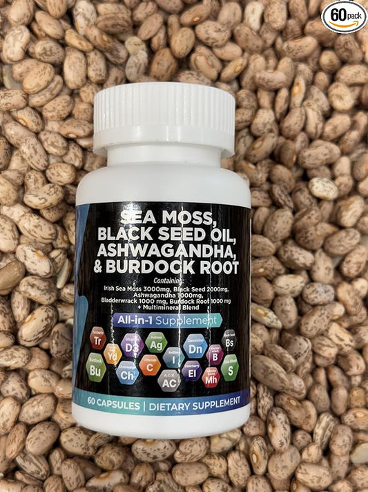 Sea Moss, Black Seed Oil, Ashwagandha, Burdock Root Supplement, 60 Capsules