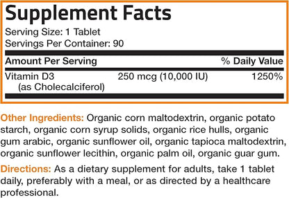 Bronson Vitamin D3 10,000 IU for Immune Support, Healthy Muscle Function & Bone Health, High Potency Organic Non-GMO Vitamin D Supplement, 90 Tablets