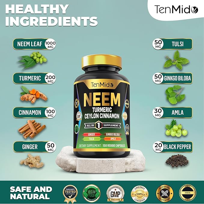 Neem Leaf Supplement - 8in1 Formula - Combine with Turmeric, Ceylon Cinnamon, Ginger, Tulsi, Ginkgo Biloba, Amla, and Black Pepper - Immune Health Support - 150 Vegan Capsules