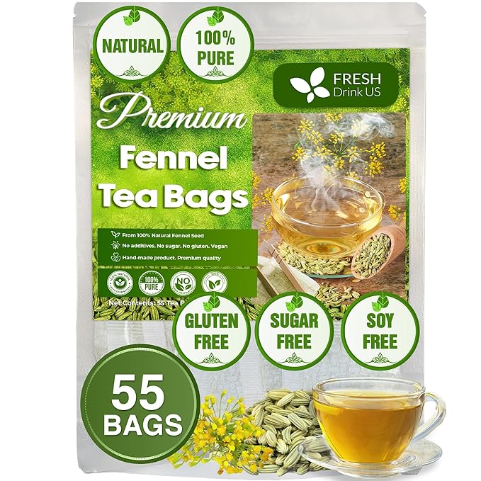 FreshDrinkUS, Premium 55 Fennel Tea Bags, 100% Natural & Pure from Fennel Seeds. Fennel Seed Herbal Tea. Fennel Seed Tea. Made with Natural Material Tea Bags. No Sugar, No Caffeine, No Gluten, Vegan.