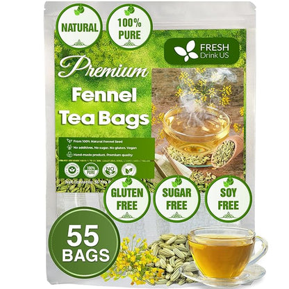 FreshDrinkUS, Premium 55 Fennel Tea Bags, 100% Natural & Pure from Fennel Seeds. Fennel Seed Herbal Tea. Fennel Seed Tea. Made with Natural Material Tea Bags. No Sugar, No Caffeine, No Gluten, Vegan.