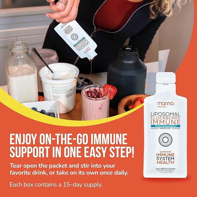 Manna Liposomal Elderberry Immune Packets – Vitamins C, D, Zinc, Echinacea & Ginger - Daily Immune Support for Adults & Kids - Sugar Free, Real Elderberry Extract & Syrup, Travel-Friendly, 15 Pack