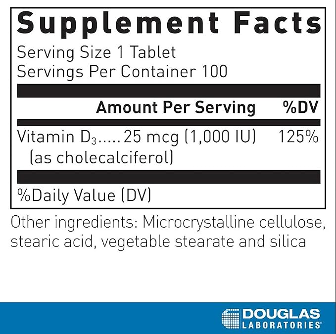 Douglas Laboratories Vitamin D 25 mcg (1,000 IU) - D3 Vitamin - For Immune Support, Bone Health & Tooth Health* - D Vitamin as Cholecalciferol - 100 Tablets