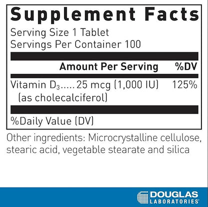 Douglas Laboratories Vitamin D 25 mcg (1,000 IU) - D3 Vitamin - For Immune Support, Bone Health & Tooth Health* - D Vitamin as Cholecalciferol - 100 Tablets