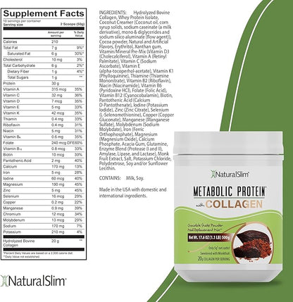 NaturalSlim Metabolic Protein Powder with Collagen Chocolate - Hydrolyzed Collagen Protein Powder for Hair, Skin, Bone, and Metabolism - Low Carb Meal Replacement Shake Mix - 17.6 oz