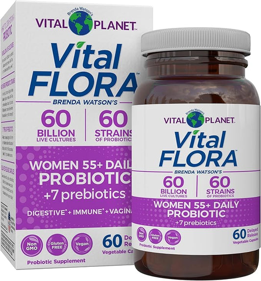 Vital Planet - Vital Flora Women Over 55 Daily Probiotic, 60 Billion CFU, Diverse Strains, Organic Prebiotics, Vaginal and Immune Support, Digestive Health Probiotics for Women 60 Capsules