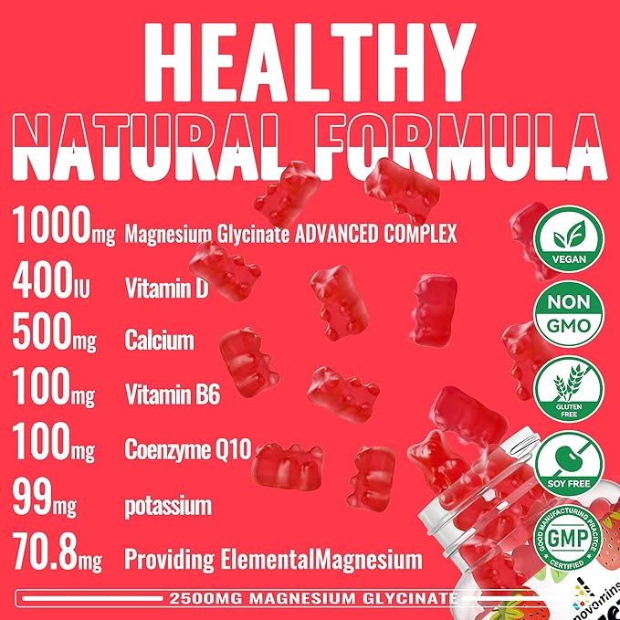 Magnesium Glycinate Gummies 2500mg - Sugar Free Magnesium Potassium Supplement with Vitamin D, B6, CoQ10 for Calm Mood & Sleep Support - 90 Strawberry Gummies