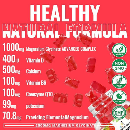 Magnesium Glycinate Gummies 2500mg - Sugar Free Magnesium Potassium Supplement with Vitamin D, B6, CoQ10 for Calm Mood & Sleep Support - 90 Strawberry Gummies