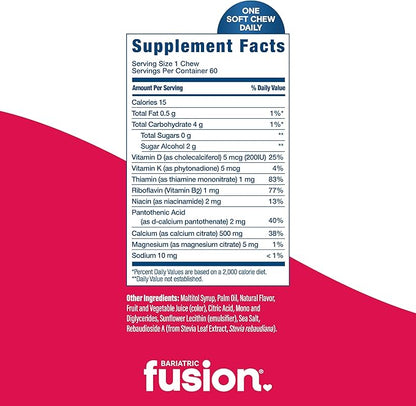 Bariatric Fusion Bariatric Calcium Chews | Calcium Citrate with Vitamin D3 Calcium Supplement Bariatric Vitamin | Sugar Free Calcium Citrate Chewable | Calcium Citrate 500mg | Strawberry | 60 Count