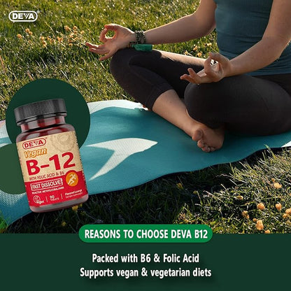 DEVA Vegan Vitamin B12 Fast Dissolve Supplement - Once-Per-Day Complex with 1000 Mcg Methylcobalamin B12, Folic Acid, B6 - Lemon Flavor - 90 Dissolvable Tablets, 2-Pack