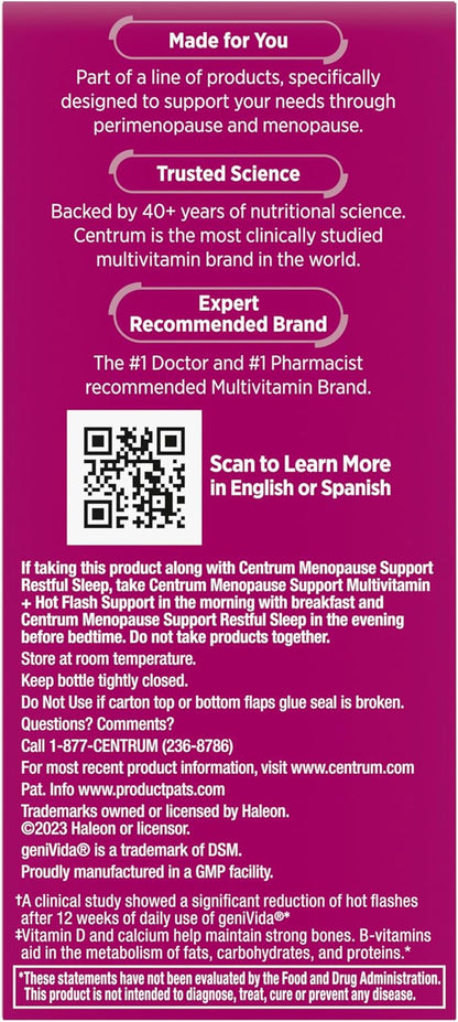 Centrum Complete Multivitamin Supplement + Hot Flash Support Menopause Support Tablets, with Clinically Studied geniVida, 30 Count