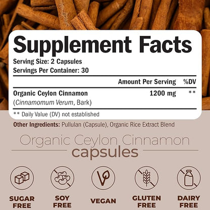 Organic Ceylon Cinnamon Capsules - Ceylon True Cinnamon Supplements (Canela de Ceylan) for Inflammation Balance, Cognitive Function, Metabolic, Antioxidant Support. Non-GMO. Vegan. 60 Caps Made in USA