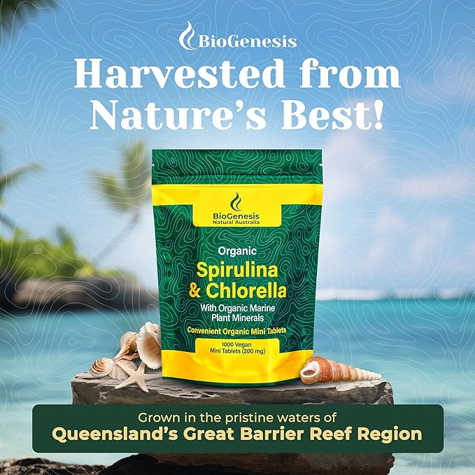 Organic Spirulina & Chlorella + Marine Plant Minerals, Australian | BioDynamic Cracked Cell Wall, Chlorophyll-Rich, Vitamins, Minerals |Vegan Tablets (200 mg) (1000)