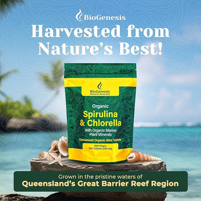 Organic Spirulina & Chlorella + Marine Plant Minerals, Australian | BioDynamic Cracked Cell Wall, Chlorophyll-Rich, Vitamins, Minerals |Vegan Tablets (200 mg) (1000)