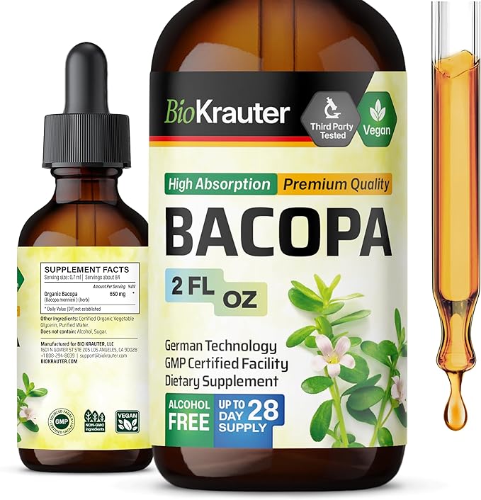 BIO KRAUTER Bacopa Monnieri Drops - Brain Support Brahmi Supplements - Liquid Bacopa Supplements - Alcohol & Sugar Free - Vegan 2 Fl.Oz.