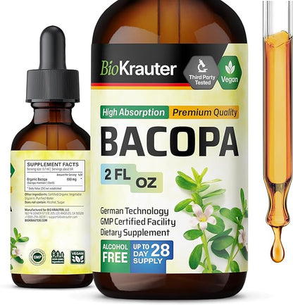 BIO KRAUTER Bacopa Monnieri Drops - Brain Support Brahmi Supplements - Liquid Bacopa Supplements - Alcohol & Sugar Free - Vegan 2 Fl.Oz.