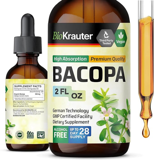 BIO KRAUTER Bacopa Monnieri Drops - Brain Support Brahmi Supplements - Liquid Bacopa Supplements - Alcohol & Sugar Free - Vegan 2 Fl.Oz.