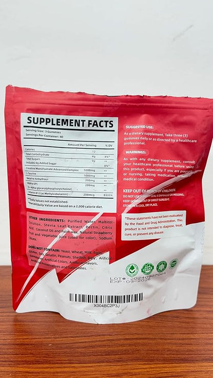 Creatine Monohydrate Gummies Complex for Men & Women - 120 Gummies Advanced Formula, L-Taurine + Vitamin B12 for Muscle Strength, Muscle Builder, Energy Boost, Pre-Workout Supplement-Strawberry
