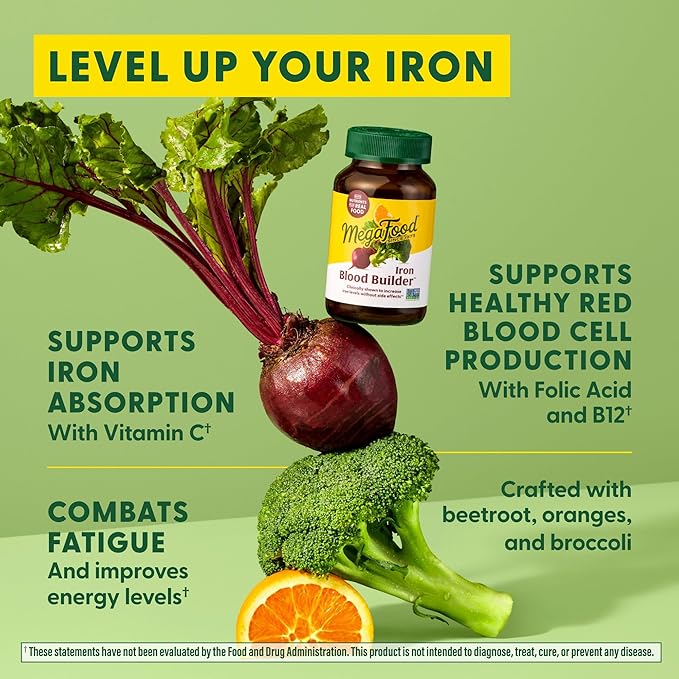 MegaFood Blood Builder - Iron Supplement Shown to Increase Iron Levels without Nausea or Constipation - Energy Support with Iron, Vitamin B12, and Folic Acid - 60 Tabs