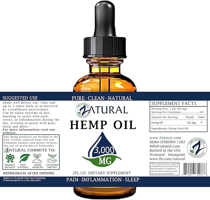 3,000mg Zatural Hemp Oil Drops: Hemp Seed Oil | Rich in Omega 3 & 6 (3,000mg Natural)
