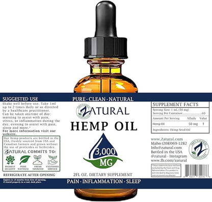 3,000mg Zatural Hemp Oil Drops: Hemp Seed Oil | Rich in Omega 3 & 6 (3,000mg Natural)