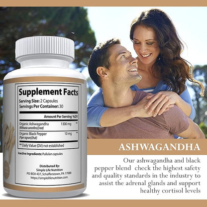 Organic Ashwagandha - Max Strength 1300MG Vegan Capsules - 100% Pure Non GMO Root Powder with Natural Black Pepper 60CT
