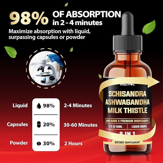 8in1 Liquid Schisandra Supplement - Schisandra Extract Drops with Milk Thistle, Ashwagandha and 6 More - Mood Support, Organ Health - 2 Fl Oz for 60 Days