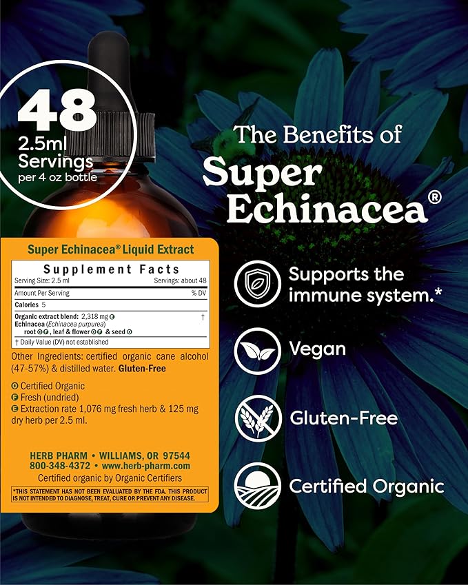 Herb Pharm Certified Organic Super Echinacea Liquid Extract for Active Immune System Support - 4 Oz