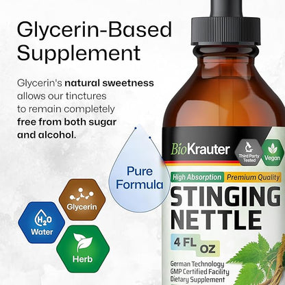 BIO KRAUTER Stinging Nettle Tincture - Nettle Root Extract Liquid - Urinary Support Supplement - Urtica Dioica Natural Extract - Vegan, Sugar & Alcohol Free Drops 4 Fl.Oz.