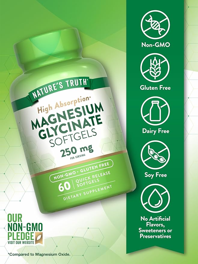 Nature's Truth Magnesium Glycinate 250mg | 60 Softgels | High Absorption | Non-GMO & Gluten Free Mineral Supplement