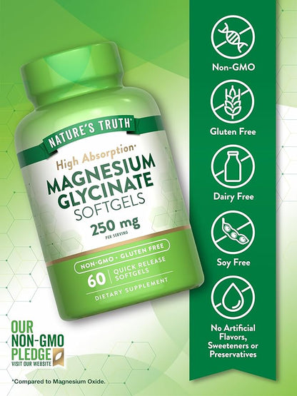 Nature's Truth Magnesium Glycinate 250mg | 60 Softgels | High Absorption | Non-GMO & Gluten Free Mineral Supplement