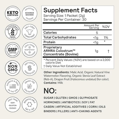 ARMRA Colostrum™ Premium Powder, Grass Fed, Gut Health Bloating Immunity Skin & Hair, Contains 400+ Bioactive Nutrients, Potent Bioavailable, Keto, Gluten & Fat Free (Vine Watermelon | 30 Servings)