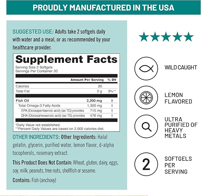NatureWise Ultra Omega 3 Fish Oil 2200 mg - Triglyceride Form - Lemon Flavor - Wild-Caught Fish Oil + EPA & DHA - Supports Brain & Heart Health - Burpless, Non-GMO - 60 Softgels[1-Month Supply]