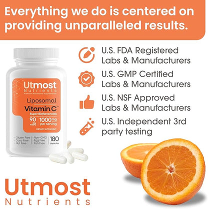 Liposomal Vitamin C - 1000MG VIT C & 100MG Super Bioflavonoid Complex for Enhanced Wellness | Antioxidant Supplement with Natural Raw Ingredients for Adults | Advanced Support | Non-GMO (180 capsules)