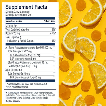 Wiley's Finest Vegan Omega-3 Gummies - Natural Sugar - Vegetarian DHA, ALA & SDA - Gluten Free - Lemon Flavor, 60 Gummies