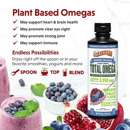 Barlean's Liquid Flaxseed, Borage and Algae Oils Omega 3 Supplement, Pomegranate Blueberry Flavor, Vegan EPA and DHA, Flax and Borage Seed Oil with 3,980 mg of Omega-3-6-9, 16 oz