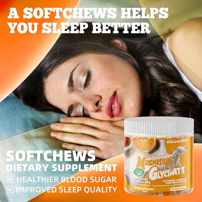 Magnesium Glycinate Soft Chews, Orange Flavor.Chewable Sugar Free Potassium Magnesium Chews with Magnesium Glycinate, Vitamin D, B6, and CoQ10 for Calm Support & Sleep for Adults, 60 Days Supply