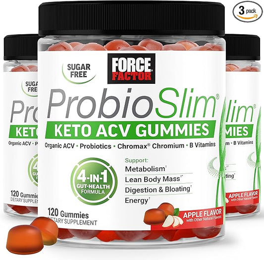 Force Factor ProbioSlim Keto ACV Gummies, Organic Apple Cider Vinegar Gummies with LactoSpore Probiotics & Prebiotics to Support Digestion, Metabolism, & Immune Health, 1 Net Carb, Apple Flavor, 360ct