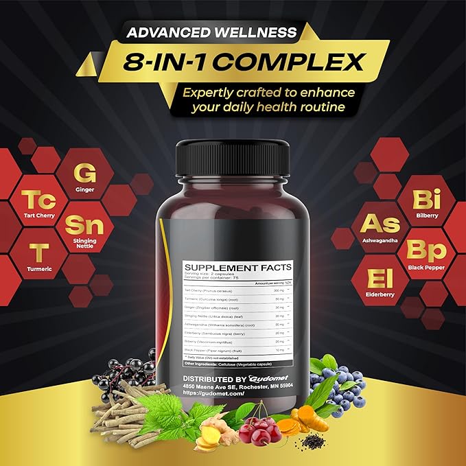 Tart Cherry Turmeric Ginger Stinging Ashwagandha Elderberry Bilberry Black Pepper -150 Capsules- Made in USA