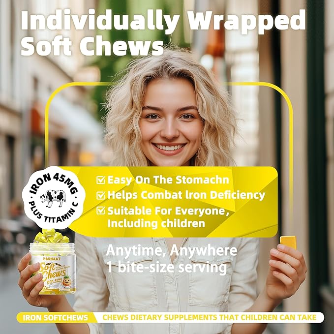 Iron Soft Chew Supplement with Vitamin C | Pineapple Flavored | Gluten Free | Iron Supplement for Women Men and Kids | 60 Count | 2 Month Supply
